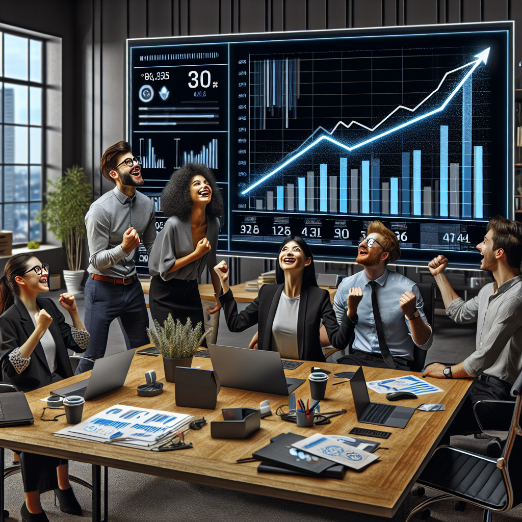 A young multiracial team of entrepreneurs watching excitedly from their office as their Instagram metrics surge upward after using AI automation.