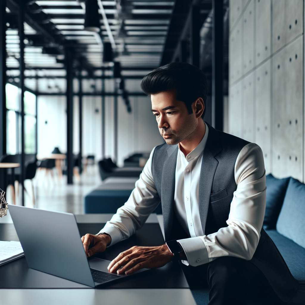 A mid-age man in smart-casual attire is sitting at a modern workspace, exploring AI automation options in his firm on his laptop. The atmosphere is calm and focused.
