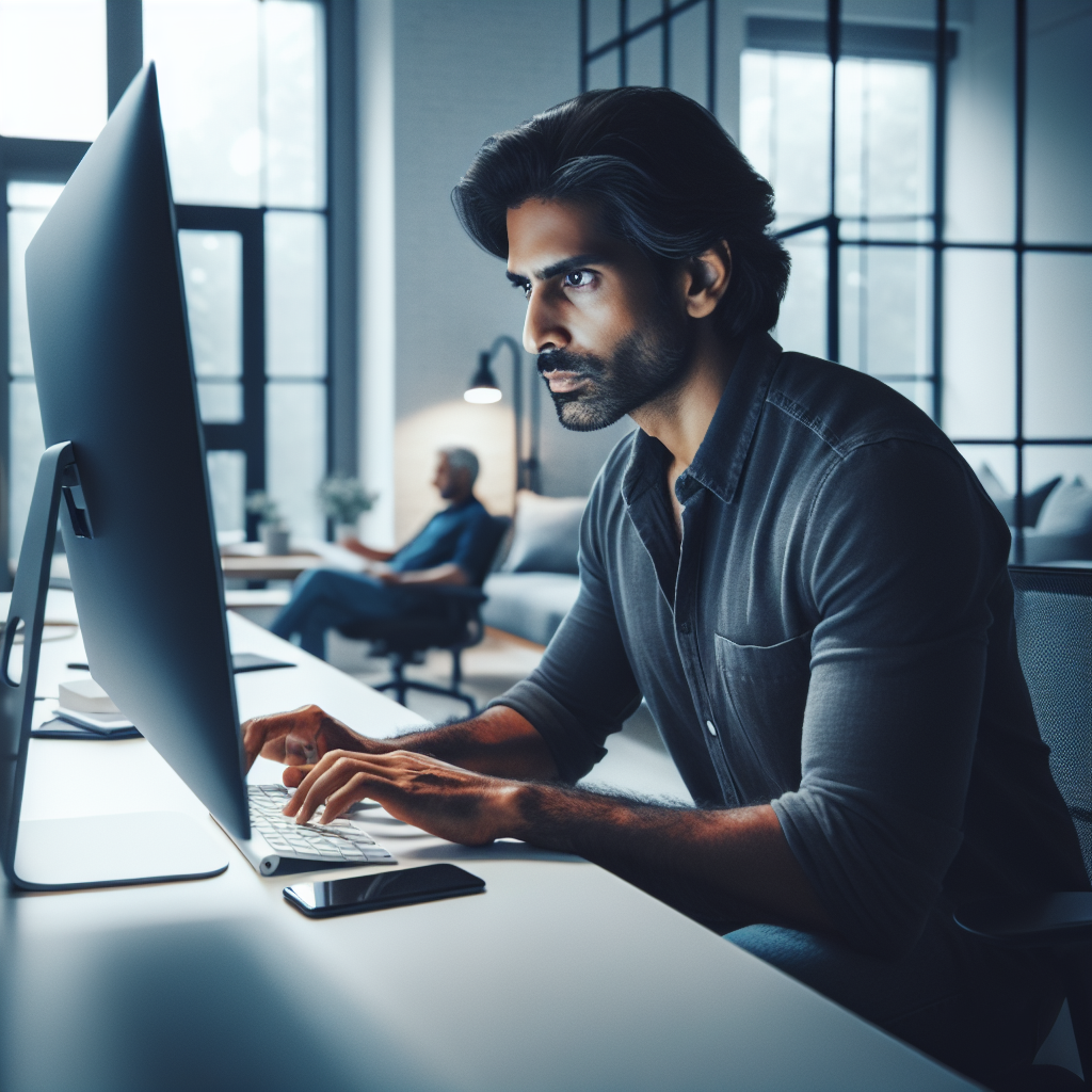 A solopreneur in a home office, optimising workflow on a large computer screen. They appear focussed, engrossed in their work. Age around 30-35, ethnicity open. Casual clothing.