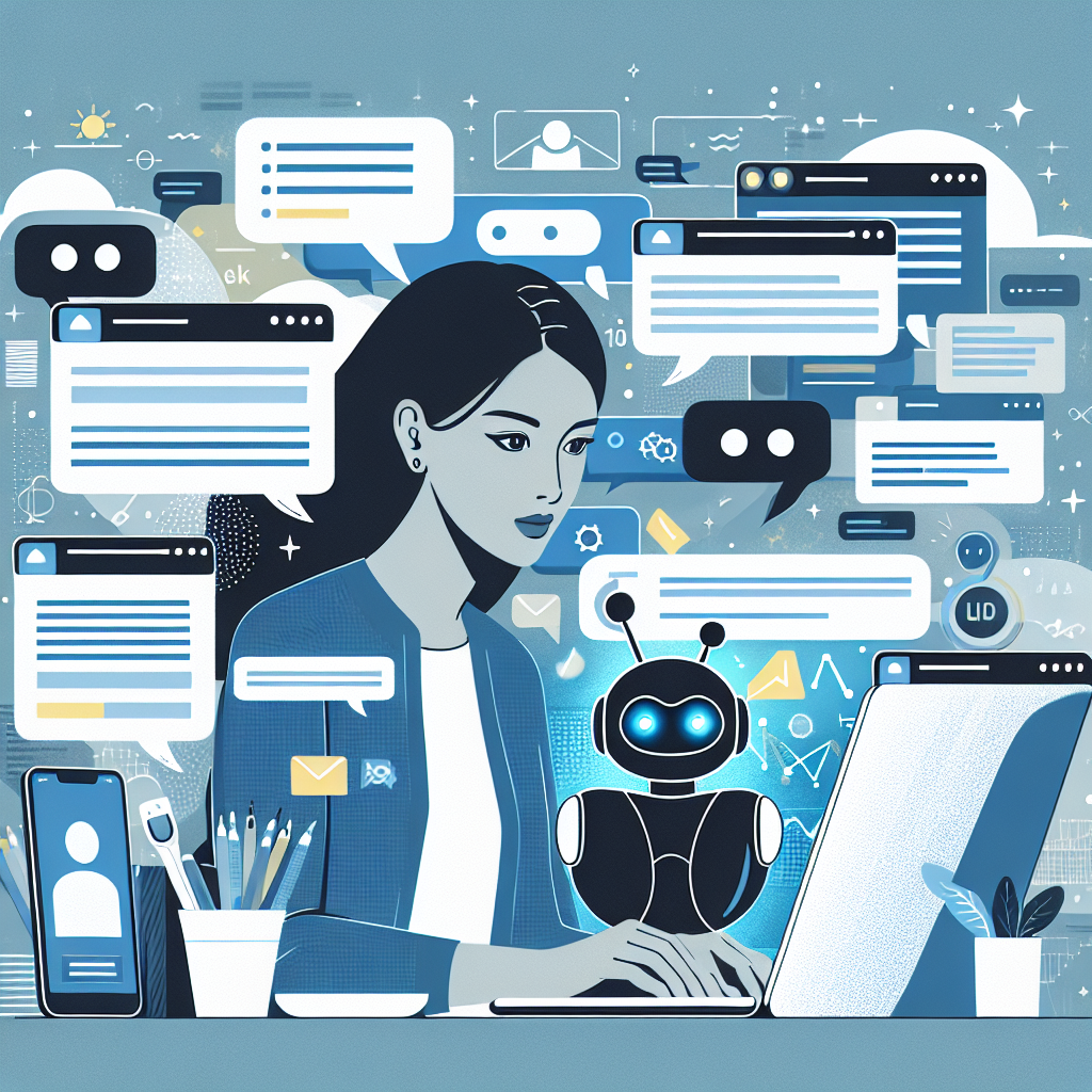 A busy entrepreneur reading messages through various channels on a laptop while interacting with an AI chatbot. Expressions of surprise and relief are evident as the software automates tasks effectively.