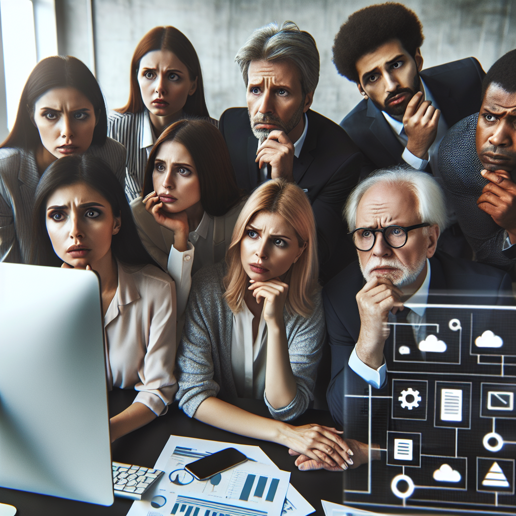 A mixed-age, diverse group of small business owners in a collaborative workspace, gathered around a computer, looking concerned. On the computer screen is a confusing array of open automation tools.