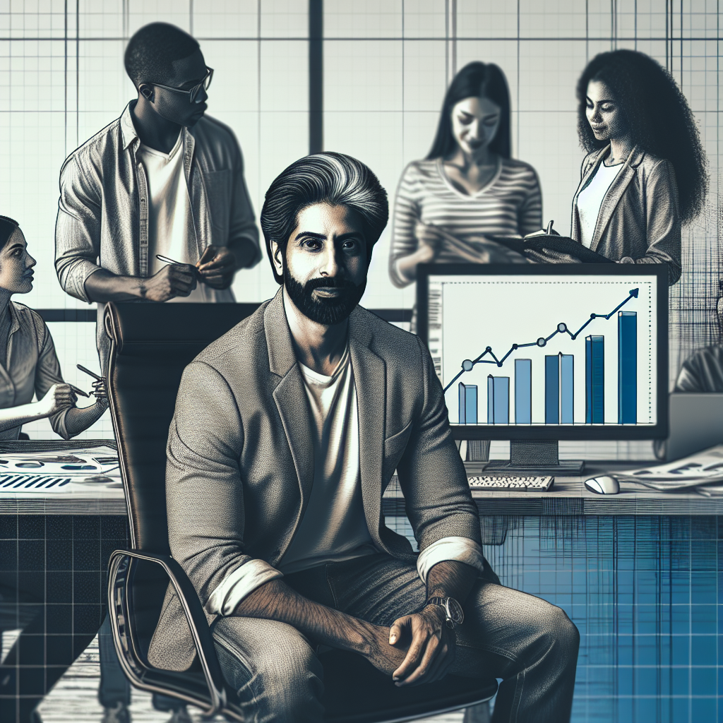 A small business owner at his desk, aged in his 40s, causal attire, looking at a screen showing a graph trending upwards. Diverse team members are visible in the background working together.