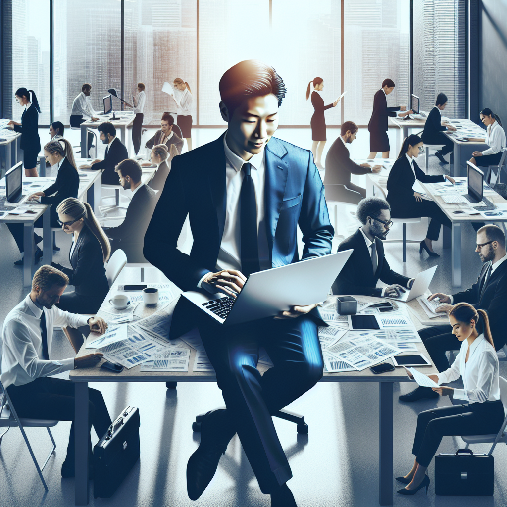 A busy office scene where diverse employees are focused on their tasks. In the middle, a relaxed entrepreneur is monitoring a smooth invoice process on his laptop, showing a sense of relief and productivity.