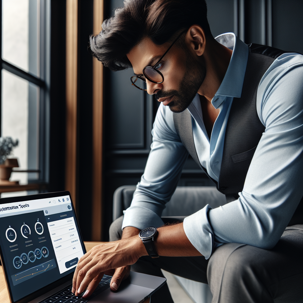 A small business owner, late 30s, diverse ethnicity, in a smart-casual outfit, is closely monitoring the sophisticated yet easy-to-understand dashboard of automation tools on his laptop screen. He appears engaged and satisfied.