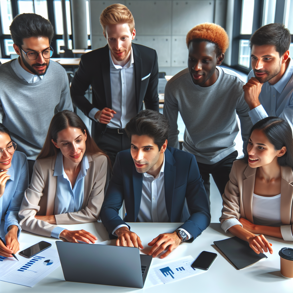 An enthusiastic multiracial team of small business owners gather around a modern shared workspace. They are engaged in discussing their new workflow automation system, viewing their progress from the laptop screen.