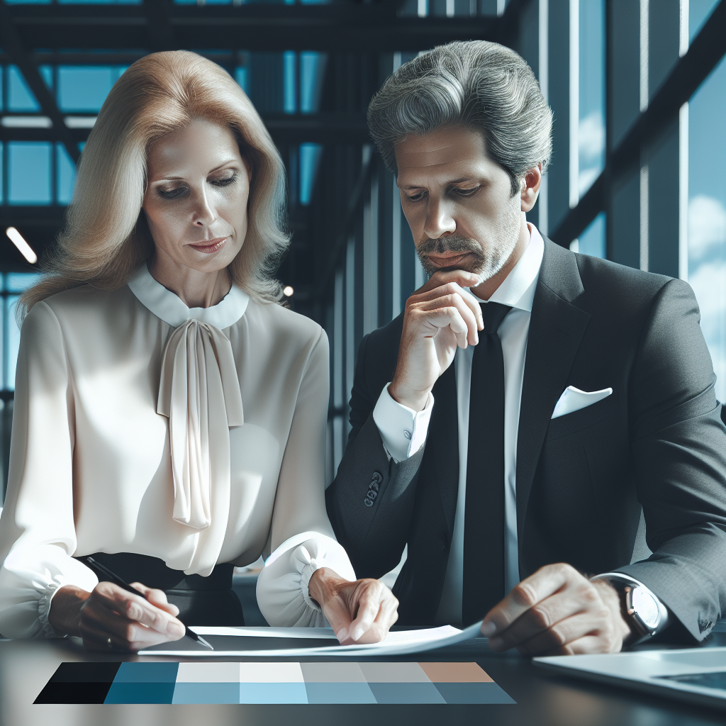 A middle-aged, racially diverse pair of businesspersons in smart attire review a contract together on a modern, sunlit, open-plan office setting.