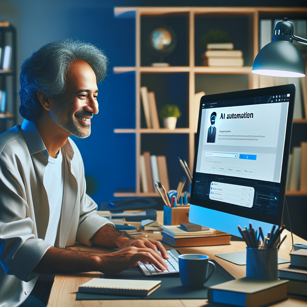 A mid-aged ethnically diverse solopreneur, working in a cozy home office, launching AI automation tool on their computer and displaying a relieved expression.