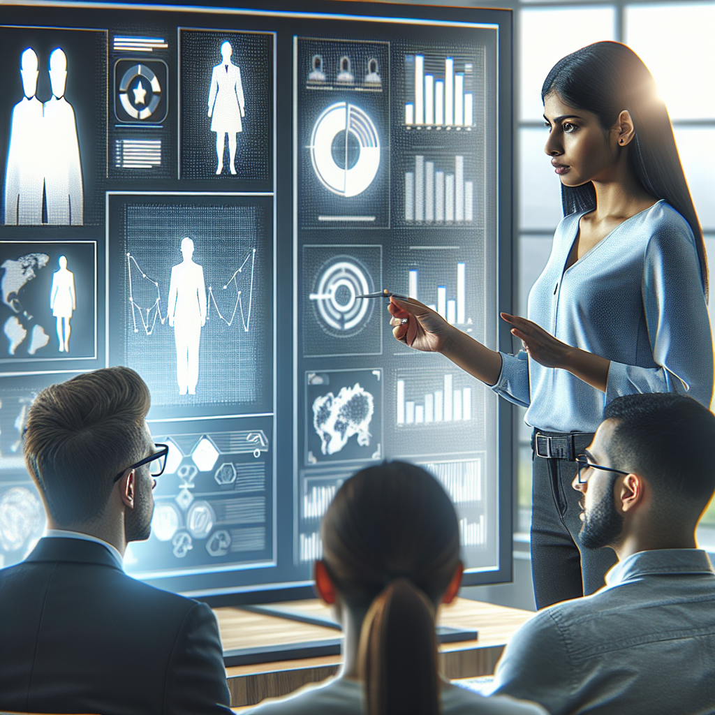 In a modern, brightly lit office, a young professional woman checks her automated dashboard on a large screen while simultaneously addressing her diverse team about their KPIs.