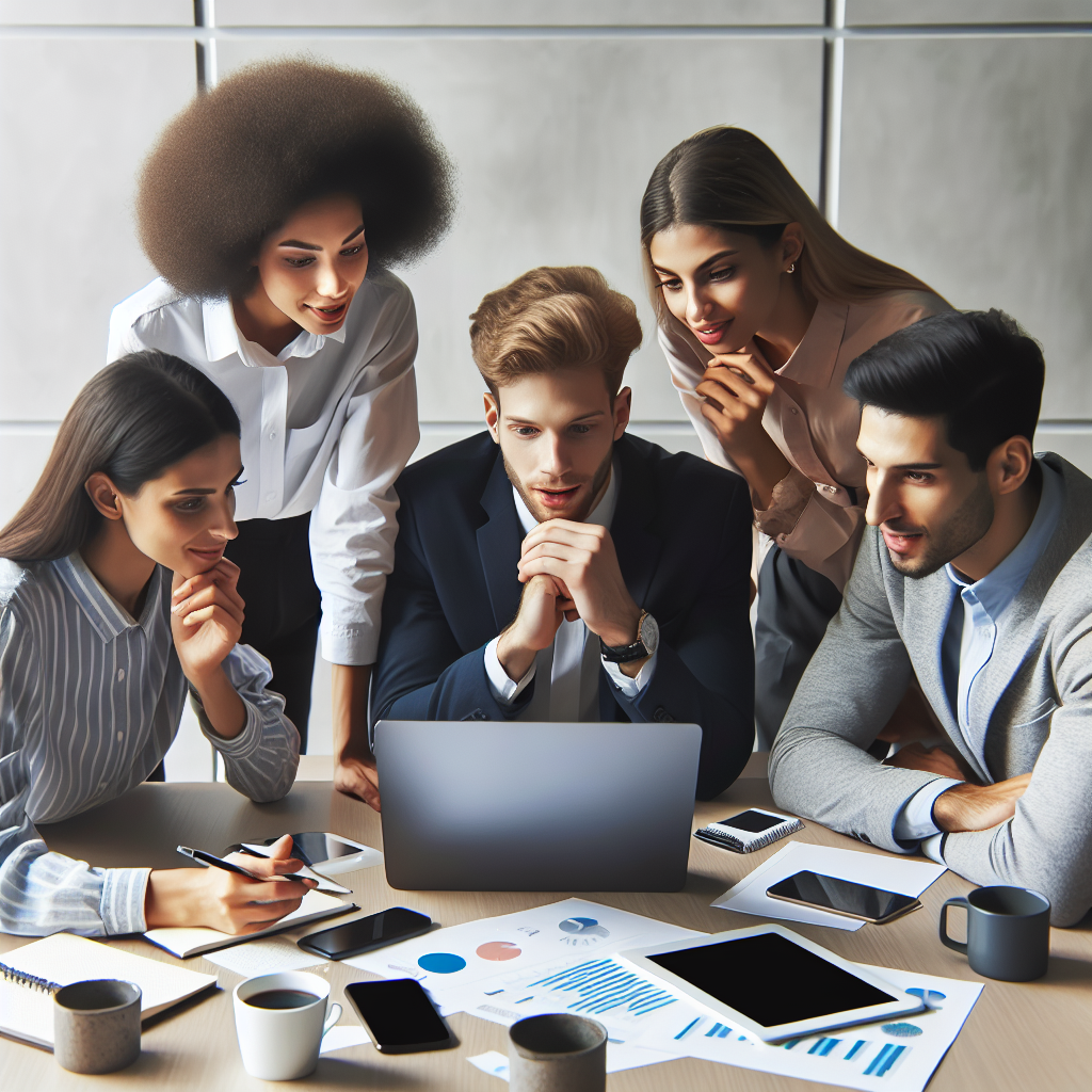 A young diverse group of business professionals, focused on a laptop screen, eagerly learning about new trends in SEO automation. They sit around a modern office table strewn with coffee mugs, notepads and digital devices.