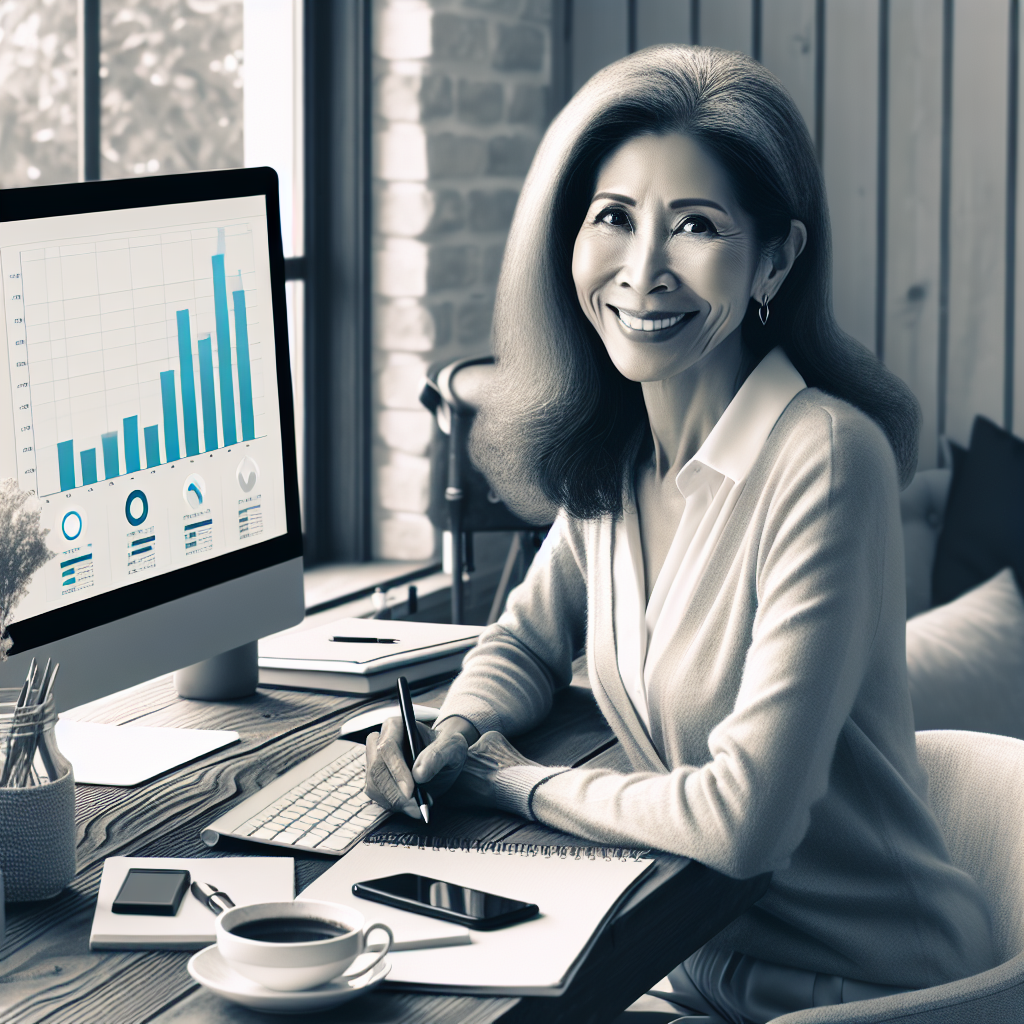 Middle aged woman of South-Asian ethnicity sitting at a desk in a cosy home office. With a smile on her face, she’s looking at a computer screen which shows graphs indicating business growth. Scattered around are cup of coffee, mobile phone and notebooks.