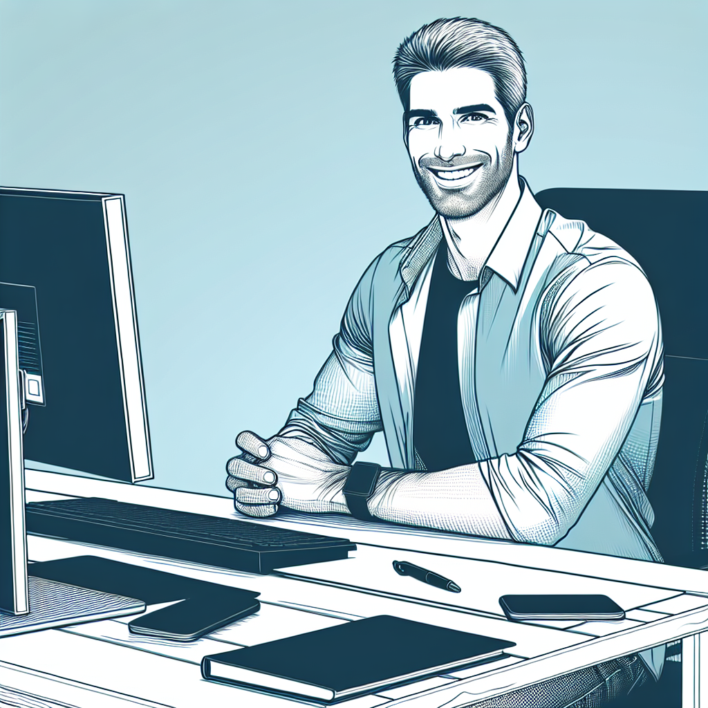 A visibly relieved business professional, somewhere in his thirties, with a casual dress code, sitting at a clean, organised workstation. He has just finished automating his tasks with AI tools.