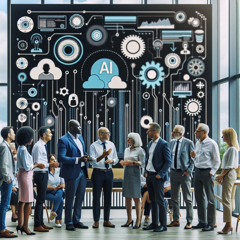A middle-aged diverse group of small business owners gathered in a modern workspace. Engaged, they interact with a giant interface showing AI automation services