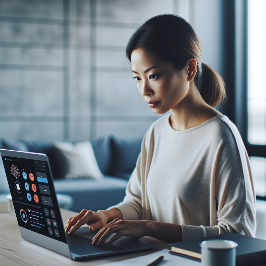 A solopreneur in her mid-30s, of mixed ethnicity, is sitting at a minimalist home office. She looks focused, interacting with her laptop where a clear dashboard of AI automation tools is visible.