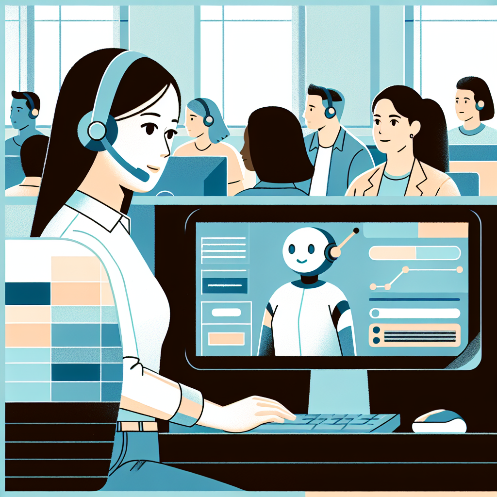 An office scene illustrating a diverse team troubleshooting customer issues. A worker, around 30 years old, Asian, wearing a casual shirt, looking relieved while interacting with an AI chatbot on her computer.
