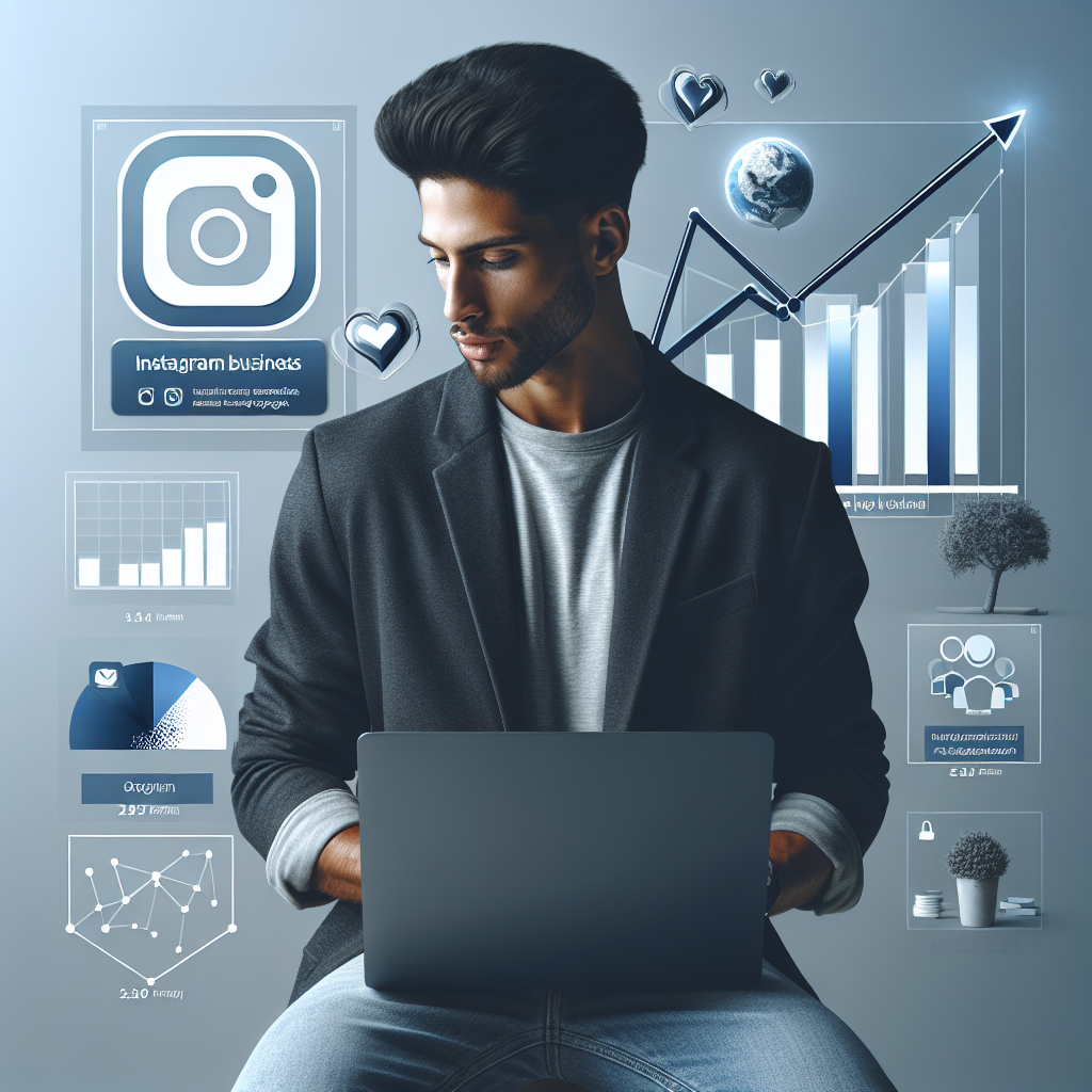 Describing a young entrepreneur, focused on his laptop. His Instagram business profile is open, and around him are graphs and diagrams visualising the rise in leads and engagements. He's of mixed ethnicity, casual clothing, appearing confident and satisfied. No text or logos.