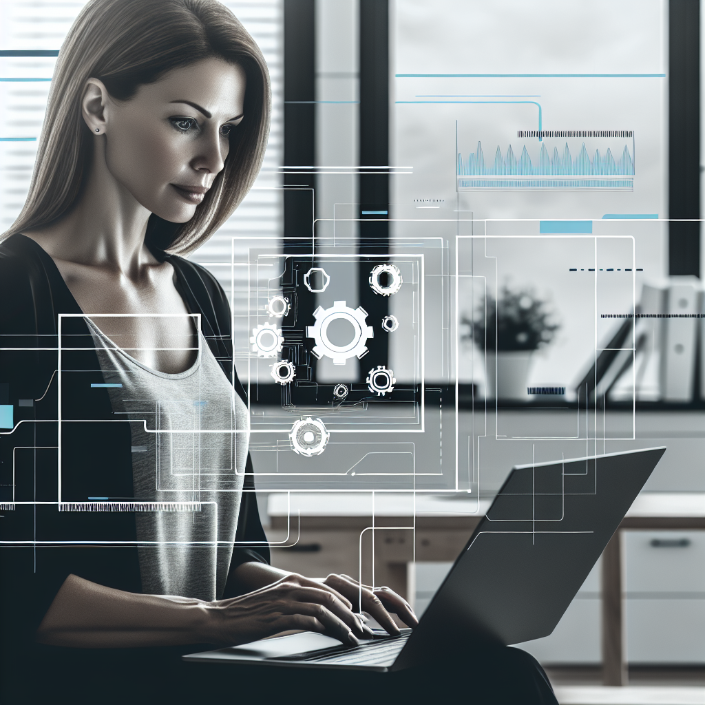 A focused solopreneur, around mid-thirties, sitting at a clean, modern home office desk. She is studying the screen of her laptop, where an automation process is running, freeing up her time.